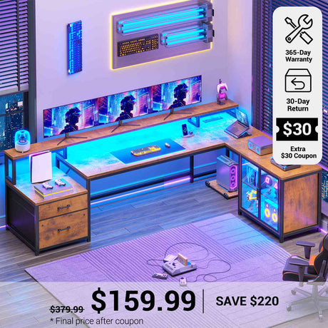 SEDETA® 78.7 Inch Computer Desk with Drawers L Shaped Gaming Desk with LED Light Power Outlet Shelves and Display Cabinet