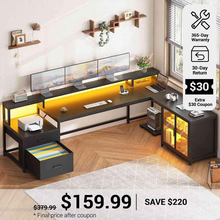 SEDETA® 78.7 Inch Computer Desk with Drawers L Shaped Gaming Desk with LED Light Power Outlet Shelves and Display Cabinet