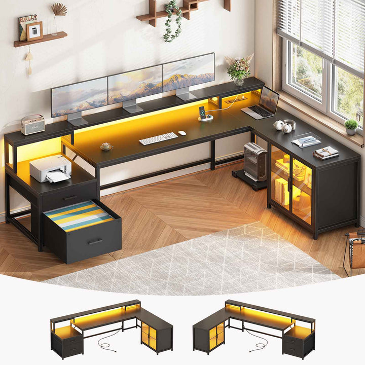 SEDETA 78.7 Inch L Shaped Gaming Desk with LED Light Computer Desk with Drawers Power Outlet Storage Shelves and Display Cabinet