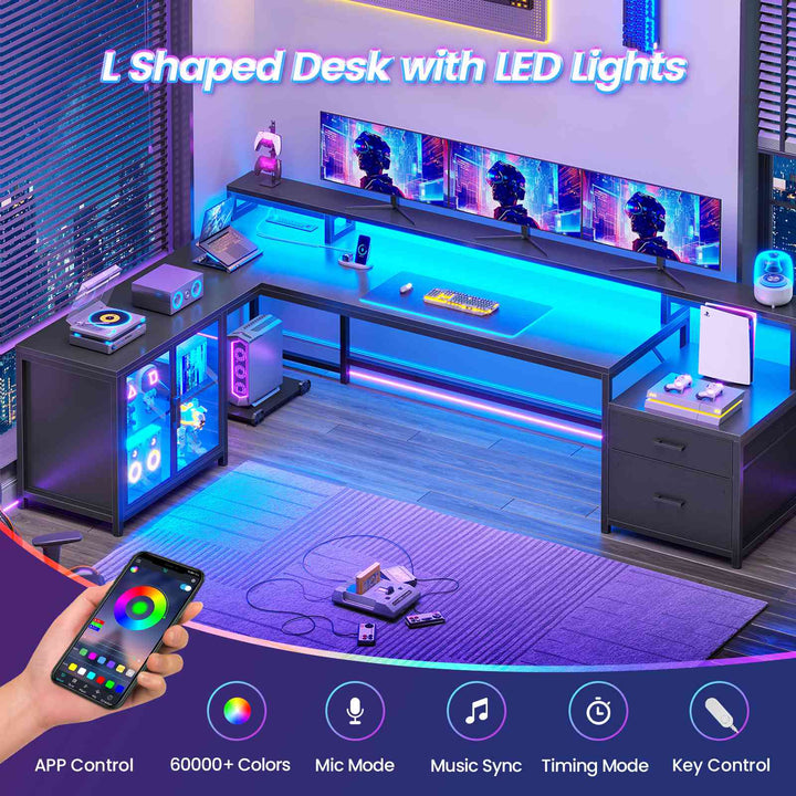 SEDETA 78.7 Inch L Shaped Gaming Desk with LED Light Computer Desk with Drawers Power Outlet Storage Shelves and Display Cabinet