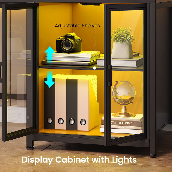 SEDETA 78.7 Inch L Shaped Gaming Desk with LED Light Computer Desk with Drawers Power Outlet Storage Shelves and Display Cabinet