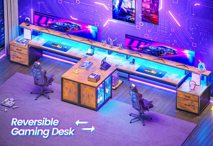 SEDETA 78.7 Inch L Shaped Gaming Desk with LED Light Computer Desk with Drawers Power Outlet Storage Shelves and Display Cabinet