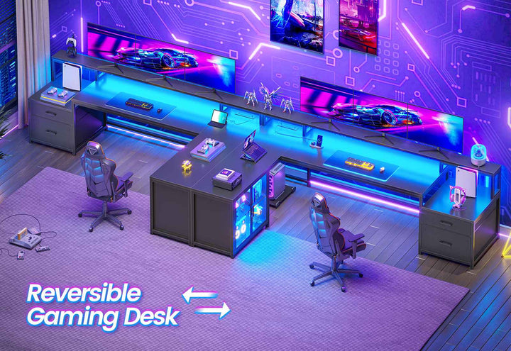 SEDETA 78.7 Inch L Shaped Gaming Desk with LED Light Computer Desk with Drawers Power Outlet Storage Shelves and Display Cabinet
