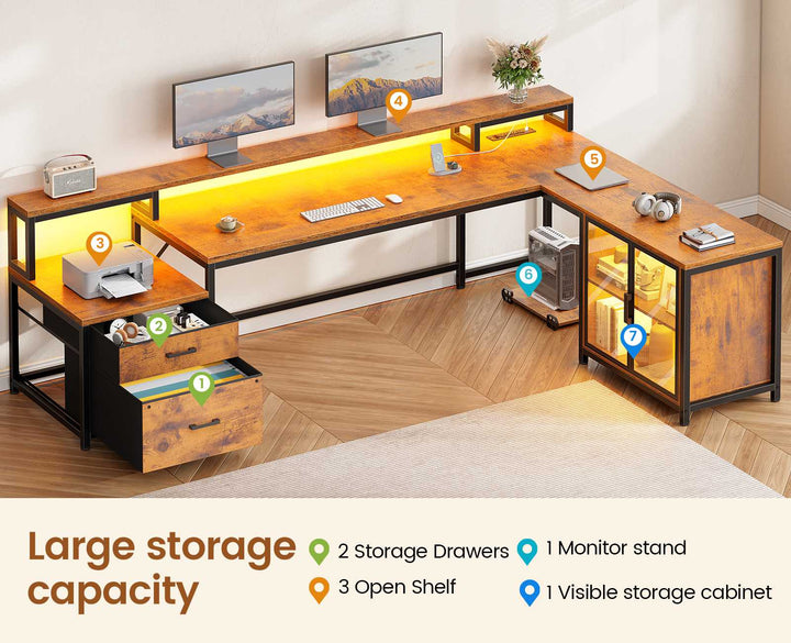 SEDETA 78.7 Inch L Shaped Gaming Desk with LED Light Computer Desk with Drawers Power Outlet Storage Shelves and Display Cabinet