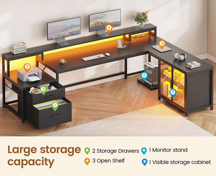 SEDETA 78.7 Inch L Shaped Gaming Desk with LED Light Computer Desk with Drawers Power Outlet Storage Shelves and Display Cabinet