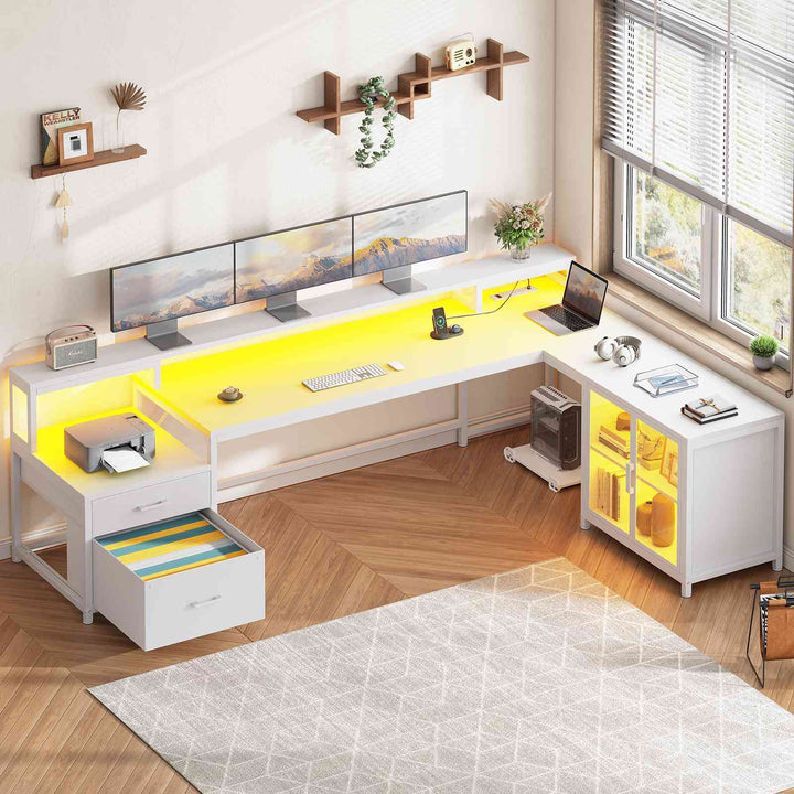 SEDETA 78.7 Inch L Shaped Gaming Desk with LED Light Computer Desk with Drawers Power Outlet Storage Shelves and Display Cabinet