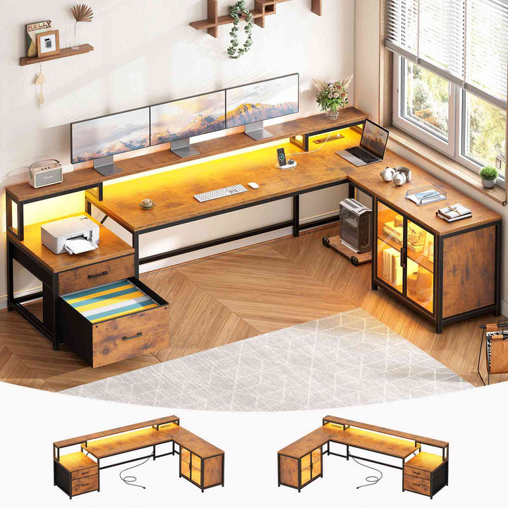 SEDETA 78.7 Inch L Shaped Gaming Desk with LED Light Computer Desk with Drawers Power Outlet Storage Shelves and Display Cabinet