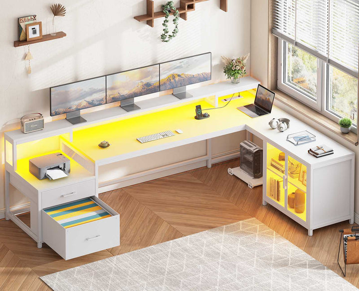 SEDETA 78.7 Inch L Shaped Gaming Desk with LED Light Computer Desk with Drawers Power Outlet Storage Shelves and Display Cabinet