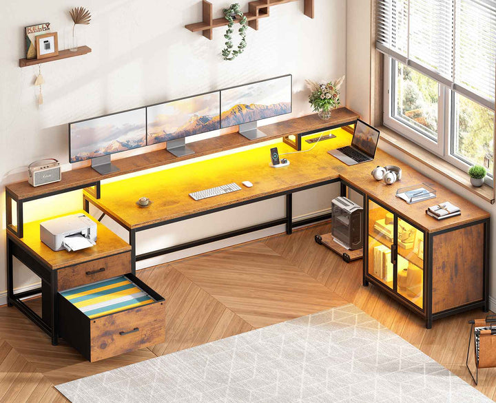 SEDETA 78.7 Inch L Shaped Gaming Desk with LED Light Computer Desk with Drawers Power Outlet Storage Shelves and Display Cabinet