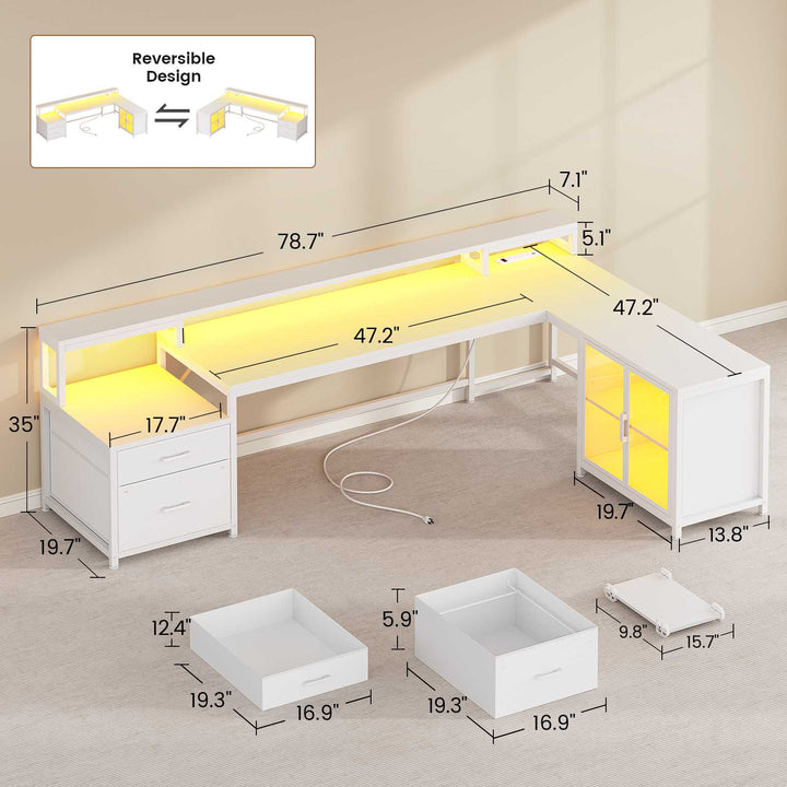 SEDETA 78.7 Inch L Shaped Gaming Desk with LED Light Computer Desk with Drawers Power Outlet Storage Shelves and Display Cabinet