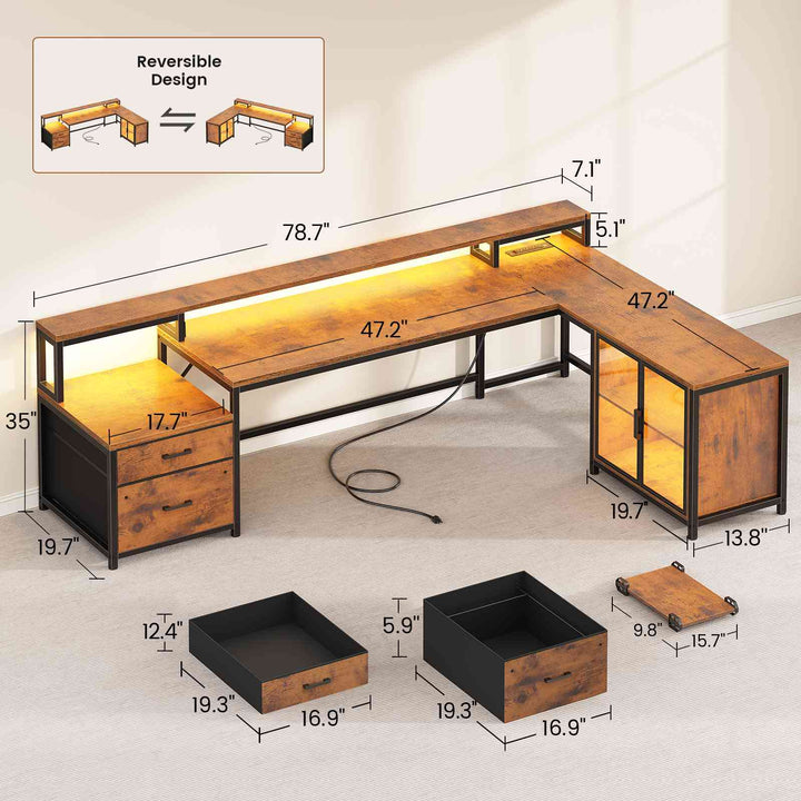 SEDETA 78.7 Inch L Shaped Gaming Desk with LED Light Computer Desk with Drawers Power Outlet Storage Shelves and Display Cabinet