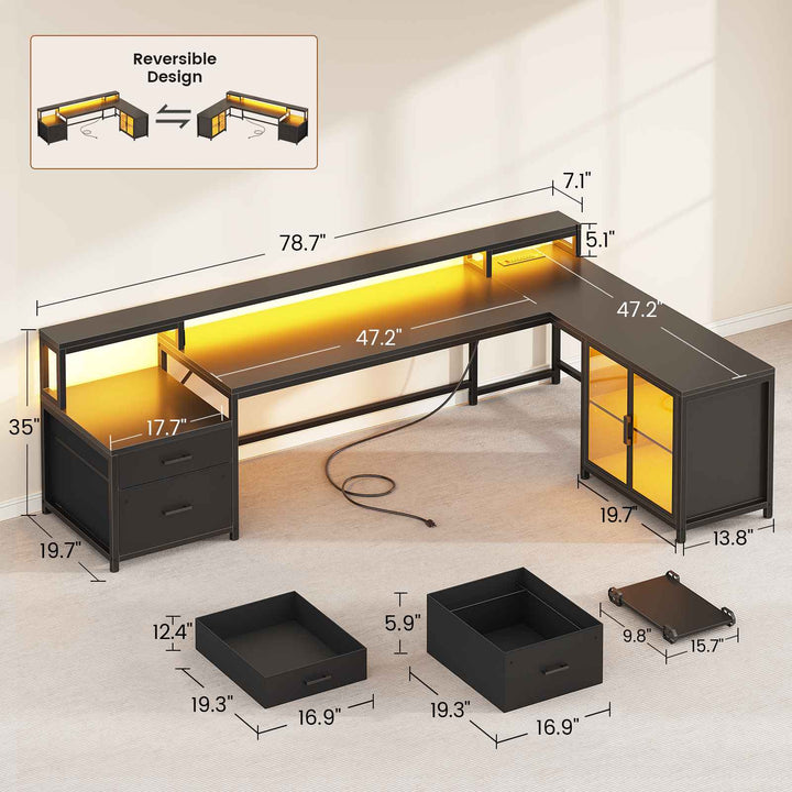 SEDETA 78.7 Inch L Shaped Gaming Desk with LED Light Computer Desk with Drawers Power Outlet Storage Shelves and Display Cabinet