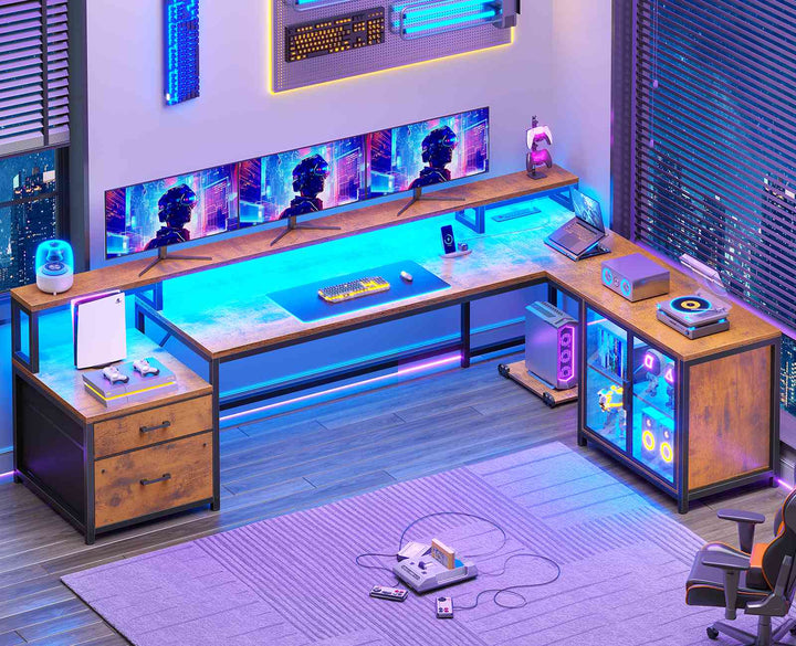 SEDETA 78.7 Inch L Shaped Gaming Desk with LED Light Computer Desk with Drawers Power Outlet Storage Shelves and Display Cabinet