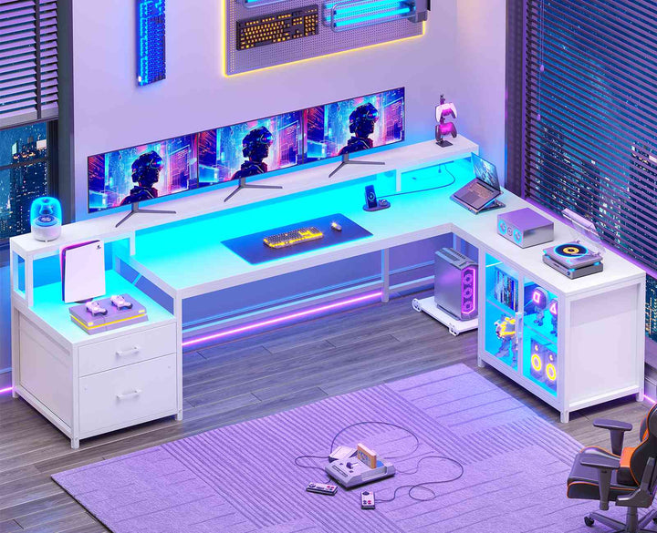 SEDETA 78.7 Inch L Shaped Gaming Desk with LED Light Computer Desk with Drawers Power Outlet Storage Shelves and Display Cabinet