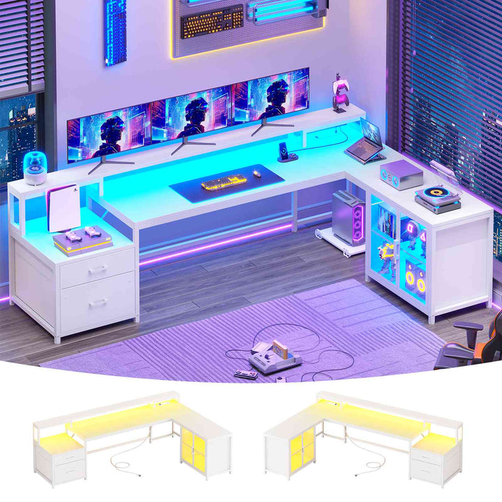 SEDETA 78.7 Inch L Shaped Gaming Desk with LED Light Computer Desk with Drawers Power Outlet Storage Shelves and Display Cabinet