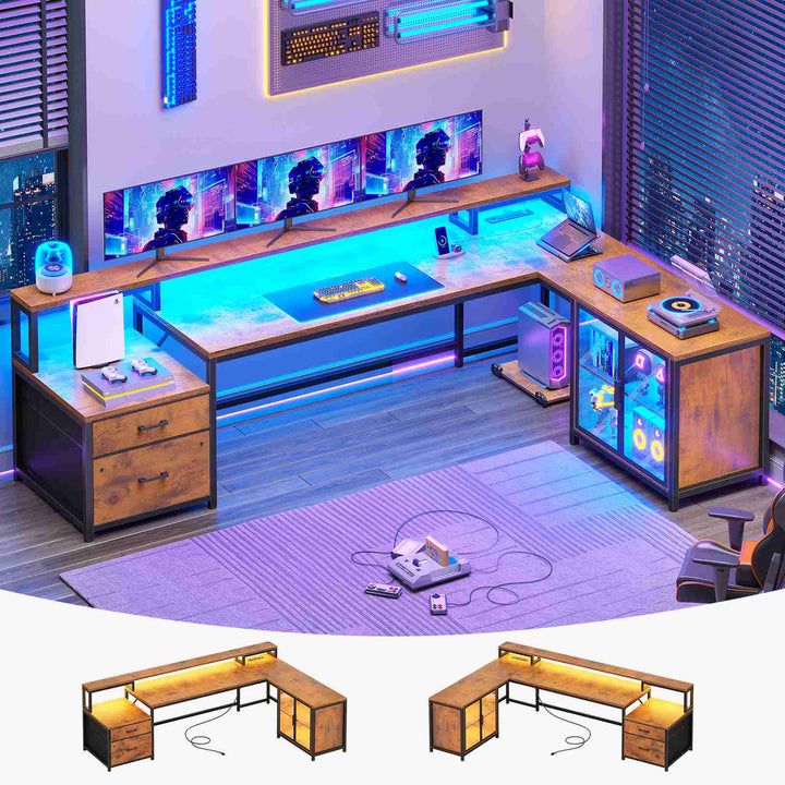 SEDETA 78.7 Inch L Shaped Gaming Desk with LED Light Computer Desk with Drawers Power Outlet Storage Shelves and Display Cabinet