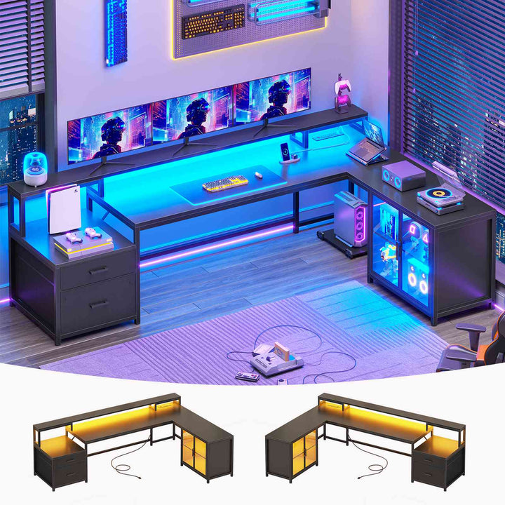 SEDETA 78.7 Inch L Shaped Gaming Desk with LED Light Computer Desk with Drawers Power Outlet Storage Shelves and Display Cabinet