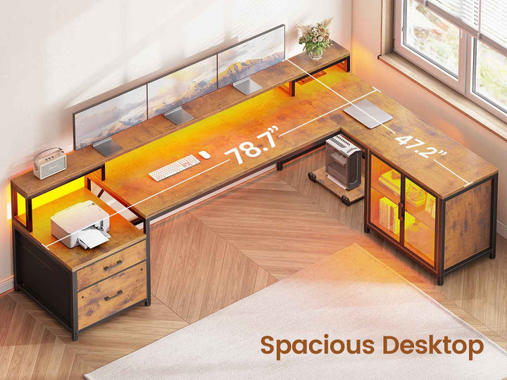 SEDETA 78.7 Inch L Shaped Gaming Desk with LED Light Computer Desk with Drawers Power Outlet Storage Shelves and Display Cabinet