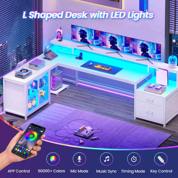 SEDETA 78.7 Inch L Shaped Gaming Desk with LED Light Computer Desk with Drawers Power Outlet Storage Shelves and Display Cabinet