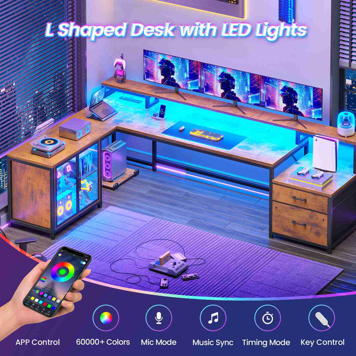 SEDETA 78.7 Inch L Shaped Gaming Desk with LED Light Computer Desk with Drawers Power Outlet Storage Shelves and Display Cabinet