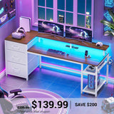 SEDETA 59 Inch Office Desk with Drawers Reversible Computer Gaming Desk with LED Lights