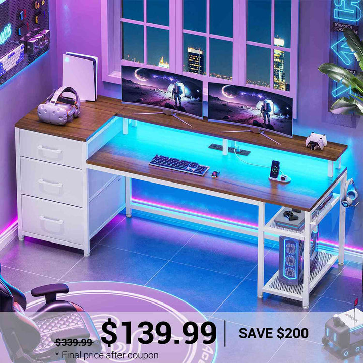 SEDETA 59 Inch Office Desk with Drawers Reversible Computer Gaming Desk with LED Lights