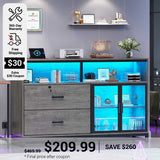 SEDETA 59 Inch File Cabinet Display Cabinet with LED Lights Power Strip for Home Office Fit Legal/Letter/A4 File