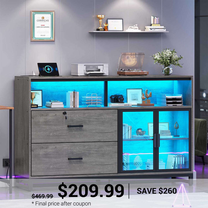 SEDETA 59 Inch File Cabinet Display Cabinet with LED Lights Power Strip for Home Office Fit Legal/Letter/A4 File