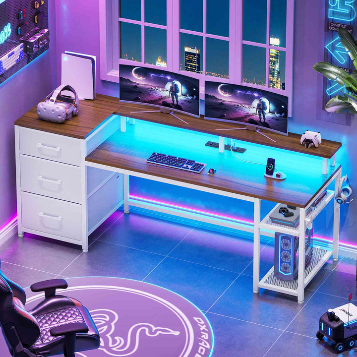 SEDETA 59 Inch Office Desk with Drawers Reversible Computer Gaming Desk with LED Lights