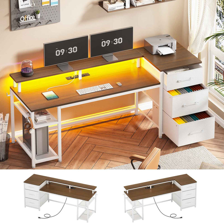 SEDETA 59 Inch Office Desk with Drawers Reversible Computer Gaming Desk with LED Lights