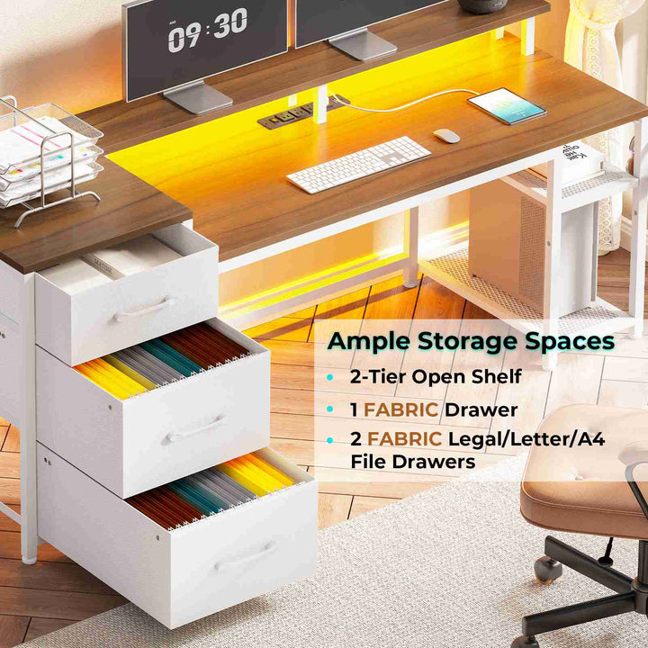 Multi-drawer storage desk with light wood finish and white drawers, showing ample storage space for organizing documents and office supplies.