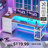 SEDETA® 59 Inch Reversible Computer Desk Home Office LED Gaming Table with File Drawers & Storage