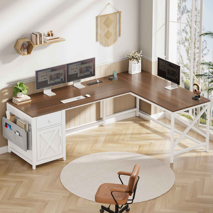 SEDETA 63 Inch L Shaped Corner Computer Desk Convertible Long Home Office Desk with Storage Cabinet