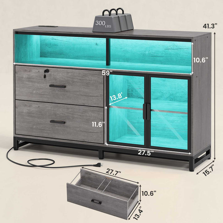 SEDETA 59 Inch File Cabinet Display Cabinet with LED Lights Power Strip for Home Office Fit Legal/Letter/A4 File