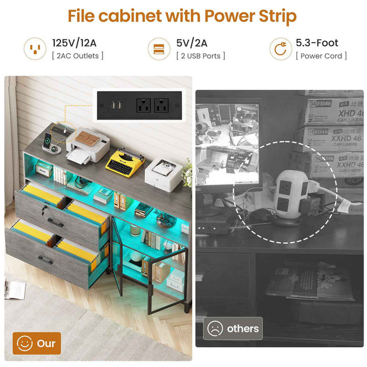 SEDETA 59 Inch File Cabinet Display Cabinet with LED Lights Power Strip for Home Office Fit Legal/Letter/A4 File