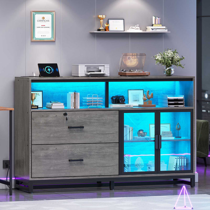 SEDETA 59 Inch File Cabinet Display Cabinet with LED Lights Power Strip for Home Office Fit Legal/Letter/A4 File