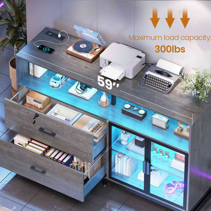 SEDETA 59 Inch File Cabinet Display Cabinet with LED Lights Power Strip for Home Office Fit Legal/Letter/A4 File