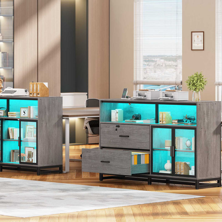 SEDETA 59 Inch File Cabinet Display Cabinet with LED Lights Power Strip for Home Office Fit Legal/Letter/A4 File