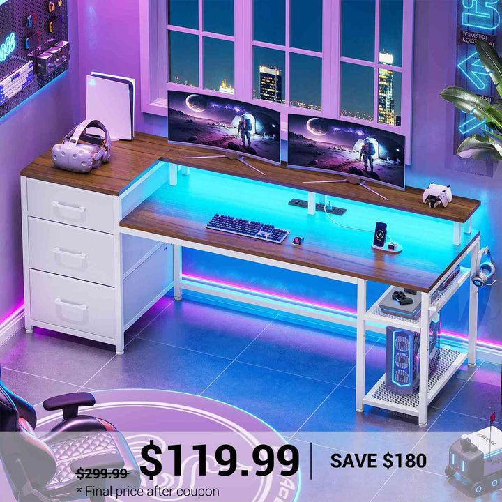 SEDETA® 59 Inch Reversible Computer Desk Home Office LED Gaming Table with File Drawers & Storage