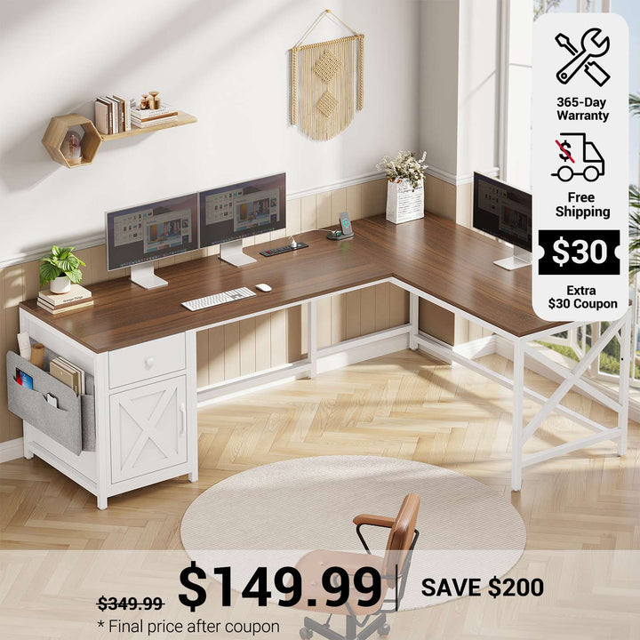 SEDETA 63 Inch L Shaped Corner Computer Desk Convertible Long Home Office Desk with Storage Cabinet