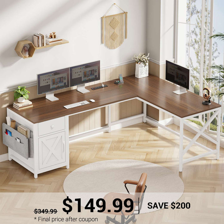 SEDETA 63 Inch L Shaped Corner Computer Desk Convertible Long Home Office Desk with Storage Cabinet