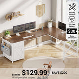 SEDETA® 63 Inch Farmhouse Computer Desk L Shaped Convertible Long Office Desk with Drawer Storage Cabinet and Power Strip