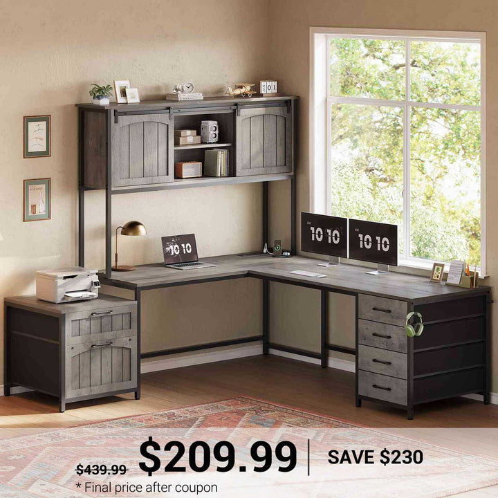 SEDETA 63 Inch Farmhouse L Shaped Office Desk with 6 Drawers Reversible Computer Corner Desk with Power Outlet and Hutch