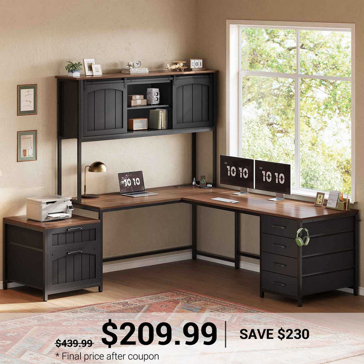 SEDETA 63 Inch Farmhouse L Shaped Office Desk with 6 Drawers Reversible Computer Corner Desk with Power Outlet and Hutch