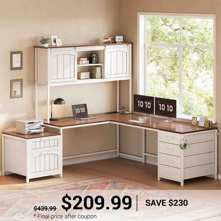 SEDETA 63 Inch Farmhouse L Shaped Office Desk with 6 Drawers Reversible Computer Corner Desk with Power Outlet and Hutch