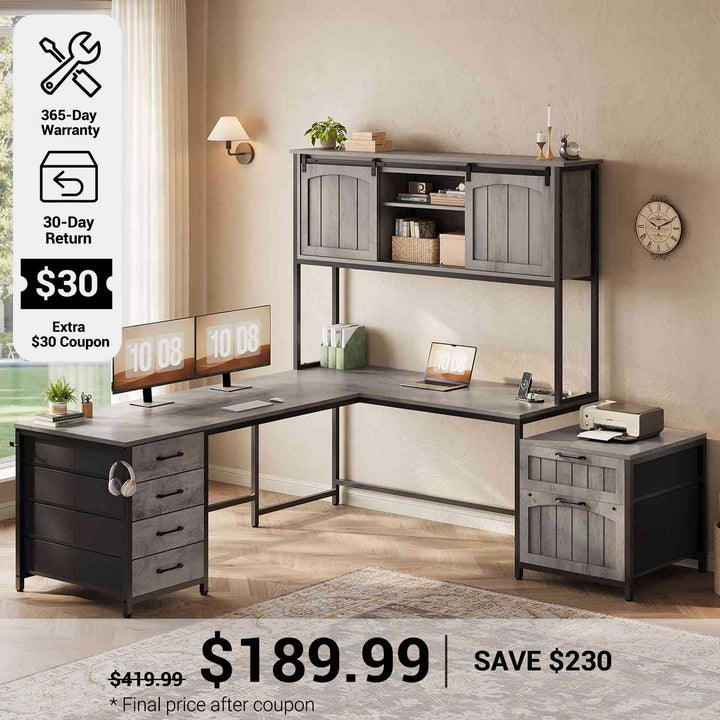 SEDETA® 63 Inch Reversible Computer Desk with 6 Drawers Farmhouse L Shaped Office Desk with Power Outlet and Hutch
