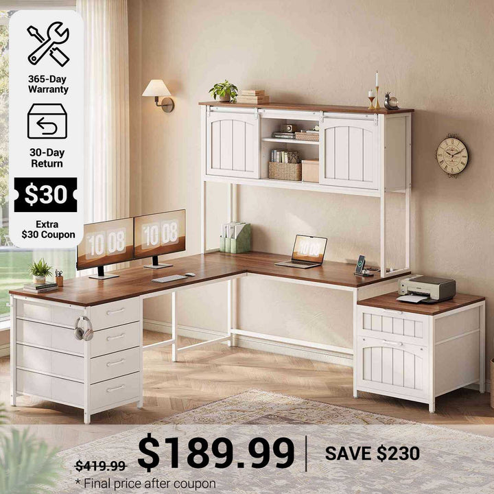 SEDETA® 63 Inch Reversible Computer Desk with 6 Drawers Farmhouse L Shaped Office Desk with Power Outlet and Hutch