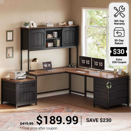 SEDETA® 63 Inch Reversible Computer Desk with 6 Drawers Farmhouse L Shaped Office Desk with Power Outlet and Hutch