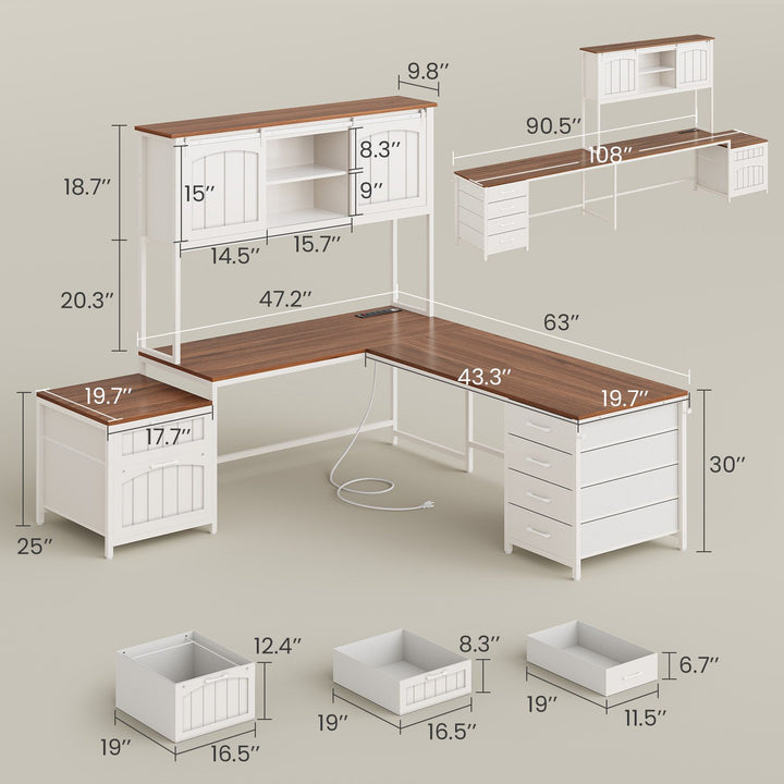 SEDETA 63 Inch Farmhouse L Shaped Office Desk with 6 Drawers Reversible Computer Corner Desk with Power Outlet and Hutch