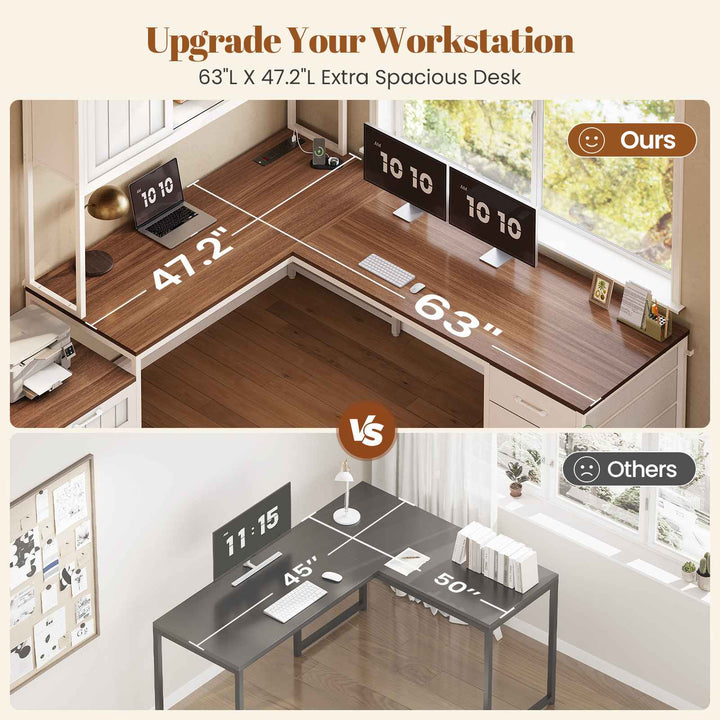 SEDETA 63 Inch Farmhouse L Shaped Office Desk with 6 Drawers Reversible Computer Corner Desk with Power Outlet and Hutch